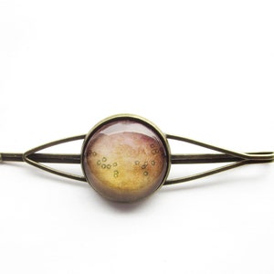 Può includere: Un fermaglio per capelli in bronzo con un cabochon rotondo in vetro dorato e rosa con un motivo di piccoli punti bianchi.
