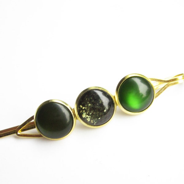 dark green hair clip, gold hair clip, bobby pin, minimalist