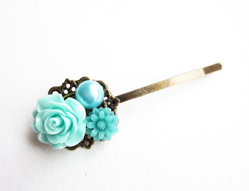 Haarklammer,haarspange,hair pin,hair clip, hochzeit,wedding,Blumen,Vintage-Stil,türkis,aqua Bild 1