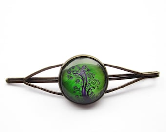 Tree of Life hair clip, green hair clip, simple minimalist, bronze