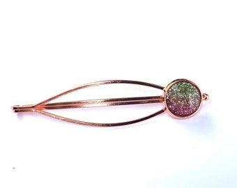 Hair clip, hair clip rose gold color, bobby pin, Druzy cabochon green ombre, plain minimalist, watermelon, green pink
