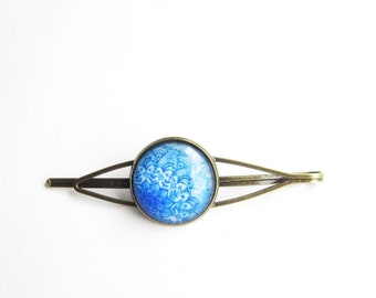 blue mandala hair clip, hair clip minimalist, large plain mandala hair clip