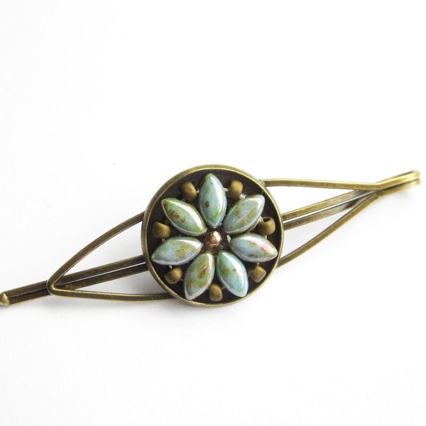 turquoise-blue hair clip, pearl hair clip, mandala, kaleidoscope, bohemian, hippie style, simple minimalist, bronze, boho,