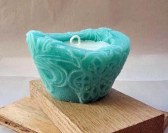 Gift Guide, Fresh Mint- Beeswax / Palmwax Candles - Sm. Natural Wax Candle - Chantilly Lace Pattern Candle -(Teal/White Colors)