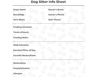 Dog Sitter Information Sheet Printable, Letter-Size 8.5×11 Instant Download
