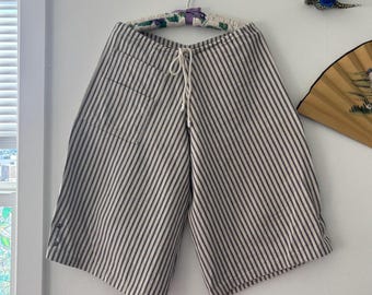 1/1 Handmade - 100% Ticking Cotton Wide Leg Drawstring Capri Pant - Unisex