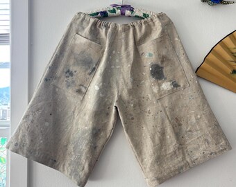 MADE TO ORDER - Handmade Re-Purposed Painters Drop Cloth - 100% Cotton Canvas Wide Leg Capri Pant - Unisex