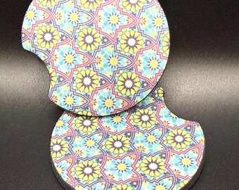 Posavasos para coche con diseño floral geométrico y mandala colorido (paquete de 2)