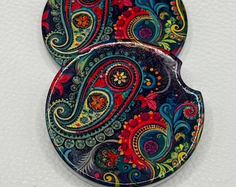 Posavasos de cerámica con estampado paisley hechos a mano para coche, juego de decoración boho absorbente para automóvil.