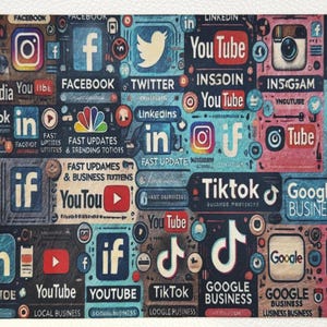 May include: A rectangular mousepad featuring a collage of social media logos, including Facebook, Twitter, Instagram, YouTube, and TikTok. The design incorporates various colors and text elements, creating a visually busy and modern aesthetic.