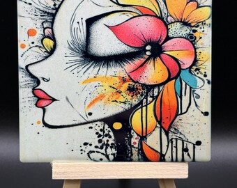 Posavasos con arte abstracto floral de rostro de mujer
