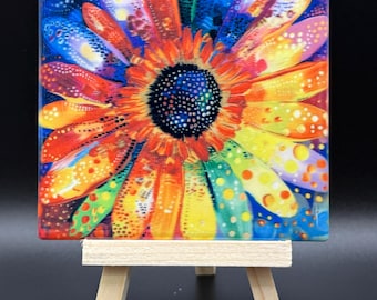 Azulejo/posavasos decorativo con girasoles y puntillismo vibrante