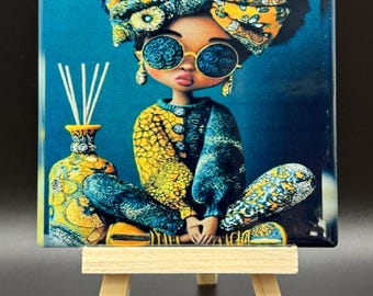 Azulejo decorativo de cerámica brillante Afro-Futuristic Diva con caballete
