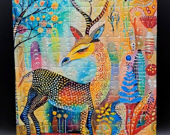 Rompecabezas de arte popular con ciervos caprichosos, rompecabezas de animales del bosque psicodélico (160 piezas)