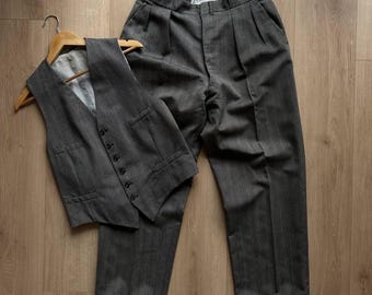 Vintage Antique 1950 Mens 2 Piece Suit Vest & Pants Grey Tailored Classic Formal Set