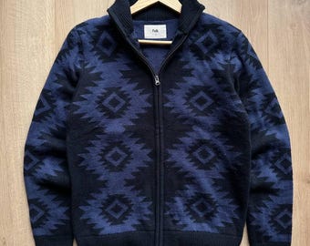 Folk Full Zip Knit Jacket – Men’s M Navy Aztec Pattern Cardigan Wool Blend Zip Sweater Minimalist Folk Clothing