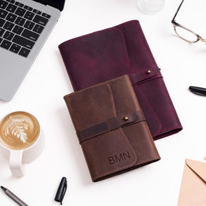 Leather notepad with wrap-around closure and the option to engrave initials, Refillable journal