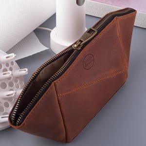 Brown leather zippered pouch, rectangular shape with angled sides, 3d anniversary gift, gift for mothers day