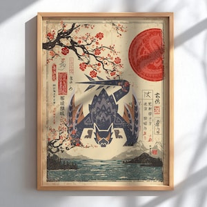 Könnte beinhalten: Ein gerahmter Druck mit japanisch inspiriertem Design. Das Kunstwerk zeigt eine stilisierte Kreatur mit langem Schnabel und Flügeln, vor dem Hintergrund einer roten Sonne, Kirschblüten und Bergen. Japanischer Text ist sichtbar.