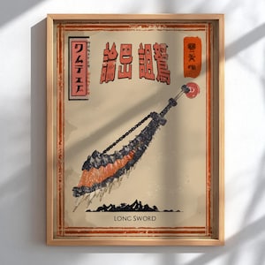 Può includere: Stampa incorniciata con un design di spada lunga in stile giapponese. L'opera d'arte include caratteri giapponesi, una combinazione di colori rosso e nero e le parole "LONG SWORD" in basso. La stampa è in una cornice di legno.