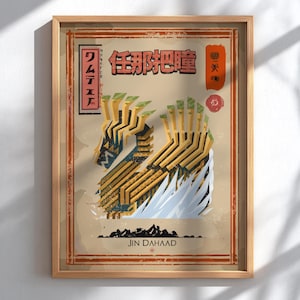 Può includere: Stampa artistica incorniciata con un'estetica vintage. L'opera presenta una scena di montagna stilizzata con forme geometriche in giallo, verde e blu. La stampa include testo in più lingue, con "JIN DAHAAAD" in basso.