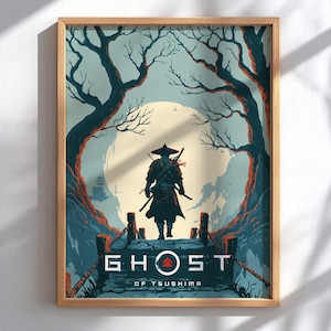 May include: A framed art print featuring a samurai warrior standing on a bridge, with the text "GHOST OF TSUSHIMA" below. The artwork has a color palette of blues, oranges, and greens, with a large moon in the background and tree branches framing the scene.