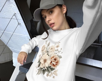 Women's Pastel Floral Sweatshirt, Vintage Soft Cozy Pullover, Retro Flower Print.