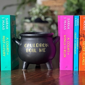 May include: A black cauldron with the text "CAULDRON BOIL ME" in gold lettering, flanked by colorful books. The books are titled "A Court of Thorns and Roses", "A Court of Mist and Fury", "A Court of Wings and Ruin", "A Court of Frost and Starlight", and "A Court of Silver Flames".