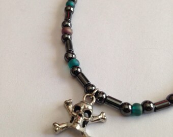 Skull and crossbones hematite necklace