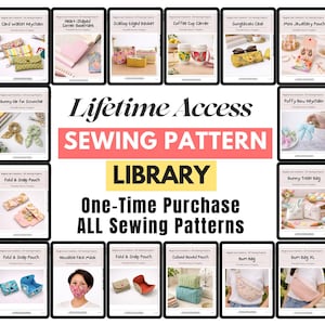 May include: A digital collection of sewing patterns featuring a variety of projects including pouches, bags, bookmarks, and accessories. The display includes text reading Lifetime Access SEWING PATTERN LIBRARY One-Time Purchase ALL Sewing Patterns.