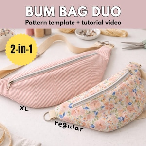 以下が含まれることがあります： BUM BAG DUOの型紙テンプレートとチュートリアル動画。ピンクと白のストライプ柄のXLサイズと、ピンク、青、緑の花柄のレギュラーサイズの2つのウエストバッグが写っています。