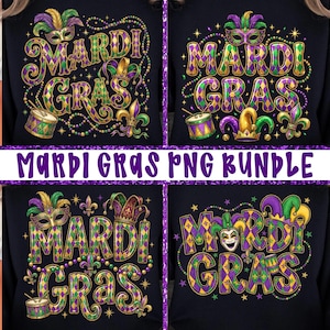 Puede incluir: Cuatro sudaderas negras con coloridos diseños de Mardi Gras. Cada diseño incluye las palabras "Mardi Gras", máscaras, flor de lis y tambores en verde, morado y dorado. El texto "Mardi Gras PNG Bundle" se muestra en una pancarta morada.