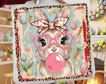 Conejito de Pascua con chicle PNG, diseño de sublimación de conejito de aceite, arte de conejo con lazo de Pascua, gafas de corazón con estampado de leopardo, camiseta retro de Pascua primaveral PNG