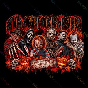 October Horror PNG, Scary Horror Characters Sublimation Design, Halloween Nightmare Shirt PNG, Creepy Retro Halloween Graphic, Spooky Season