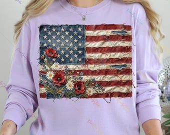 American Flag PNG, Faux Patchwork USA Flag, Vintage Floral Patriotic Design, Boho Americana Graphic, Distressed Independence Day PNG