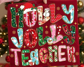 Maestra alegre PNG, sublimación de maestra navideña, letras navideñas con patrón lindo, clipart de maestra de escuela navideña, descarga digital