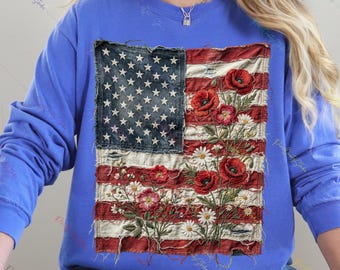American Flag Faux Patchwork PNG, Vintage USA Flag Graphic, Patriotic Floral Design, 4th of July Shirt PNG, Distressed Quilt Style