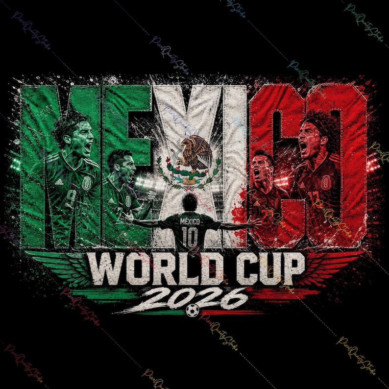 May include: A graphic design featuring the text MEXICO WORLD CUP 2026 with the Mexican flag colors. It displays three soccer players in green jerseys, one player in a black jersey with number 10, and the Mexican coat of arms in the center.