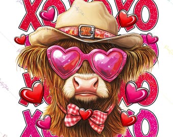 Vaca de las Tierras Altas de San Valentín PNG, Lindas gafas de vaquera con forma de corazón, Diseño de sublimación con purpurina XOXO, Camisa de San Valentín estilo western, Pajarita rosa