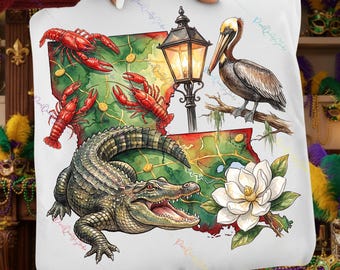 PNG del estado de Luisiana, acuarela de caimán, cangrejo de río, pelícano y magnolia, diseño de sublimación de fauna de Luisiana, arte de farola de Nueva Orleans