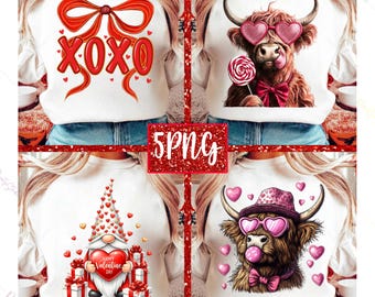 Paquete de PNG de San Valentín / PNG de lazo XOXO / PNG de vaca de las Tierras Altas para San Valentín / PNG de amor tierno / Diseño de camiseta para el Día de San Valentín / PNG de vaca romántica