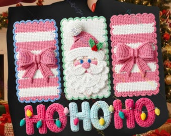 Papá Noel de hilo sintético PNG, Hilo navideño Ho Ho Ho PNG, Coqueta de punto grueso para Navidad PNG, Hilo realista PNG, Lazo navideño rosa