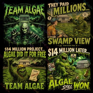 May include: A four-panel graphic illustration featuring a swamp creature in a green, slime-covered pond near the Lincoln Memorial. Text includes 'TEAM ALGAE', 'THEY PAID MILLIONS... AND GOT A SWAMP VIEW', '$14 MILLION PROJECT... ALGAE DID IT FOR FREE', and '$14 MILLION LATER... THE ALGAE STILL WON'.