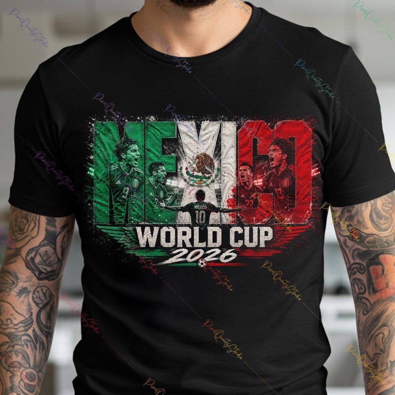 May include: A black short-sleeve t-shirt featuring a graphic print with the text MEXICO WORLD CUP 2026. The design incorporates the colors of the Mexican flag, images of soccer players, the national emblem, and a soccer ball illustration.