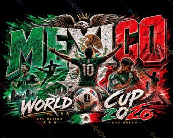 Può includere: Un design grafico con la parola MEXICO in grandi lettere 3D nei colori verde, bianco e rosso. Include un calciatore con il numero 10, un pallone, un'aquila, una piramide e il testo WORLD CUP 2026 ONE NATION ONE DREAM.