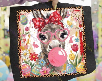 Burro de Pascua con chicle PNG, sublimación estilo conejito de aceite, arte de burro con lazo de Pascua, gafas de corazón de leopardo, diseño de camiseta infantil retro de primavera PNG