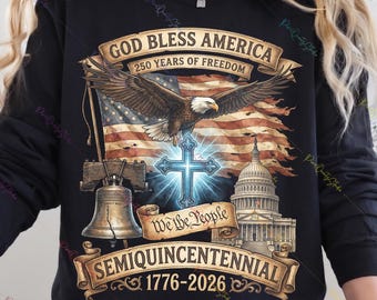 God Bless America PNG, 250 Years of Freedom Design, Christian Patriotic USA Graphic, Semiquincentennial 1776 2026 Vintage America Cross Art