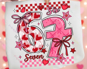 Coqueta San Valentín 67 Seis Siete PNG, Diseño de San Valentín con lazo de corazón estilo preppy, Lindo clipart de corazones a cuadros rosas y rojos, Sublimación de San Valentín
