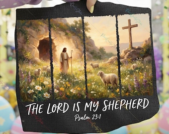 Il Signore è il mio pastore PNG, Salmo 23:1 Sublimazione pasquale, Gesù con agnelli in croce Arte digitale, Stile coniglietto a olio, Design religioso con fiocco pasquale