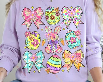 Conejito de Pascua coqueto PNG / Huevos de Pascua con lazo lindos PNG / Conejito de primavera colorido PNG / Descarga digital de Pascua retro